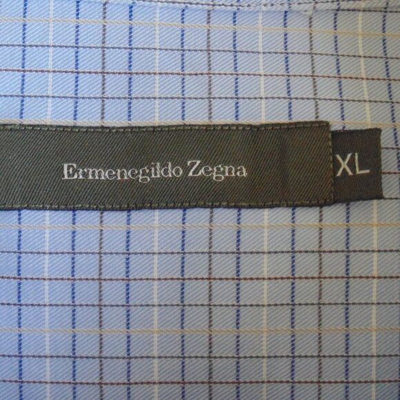 ERMENEGILDO ZEGNA Shirt, XL, Blue, Tattersall plaid, Button down Collar, LS - Picture 12 of 14